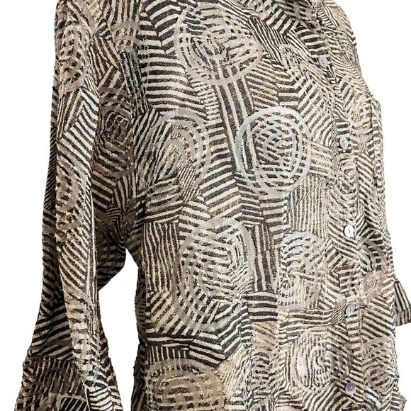 Chicos Womens Brown Button Down Sheer 3/4 Sleeve Mixed Media Shirt Top sz 2 / L - Picture 3 of 16